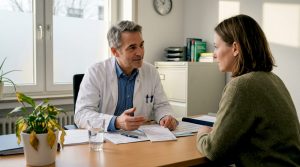 Ein Arzt berät seine Patientin bzw. seinen Patienten zur Möglichkeit einer Therapie mit medizinischem Cannabis.