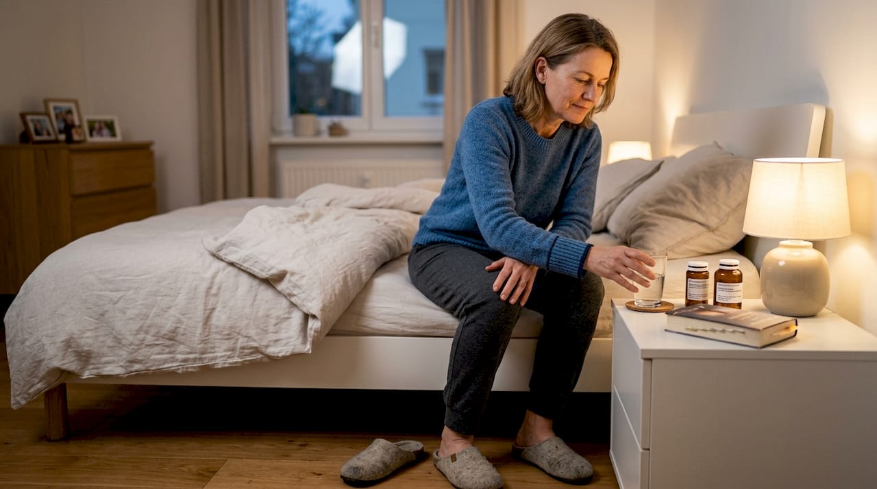Eine Frau bereitet sich darauf vor, ihre Medikamente für die Nacht einzunehmen.