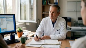 Im Sprechzimmer informiert der Arzt über die Möglichkeiten einer Cannabistherapie.