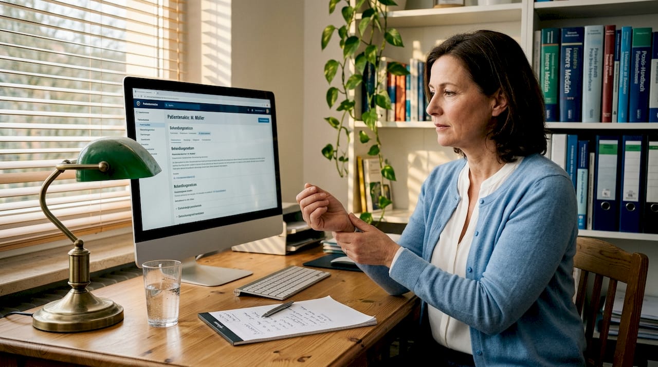 Ein Arzt überprüft die Unterlagen einer Patientin mit neuropathischen Schmerzen.
