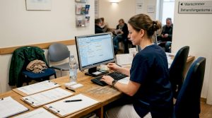 Eine medizinische Fachkraft erfasst die Patientendaten direkt am Computer.