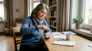 Eine Frau richtet ihre verschriebenen Medikamente an ihrem Schreibtisch zuhause her.