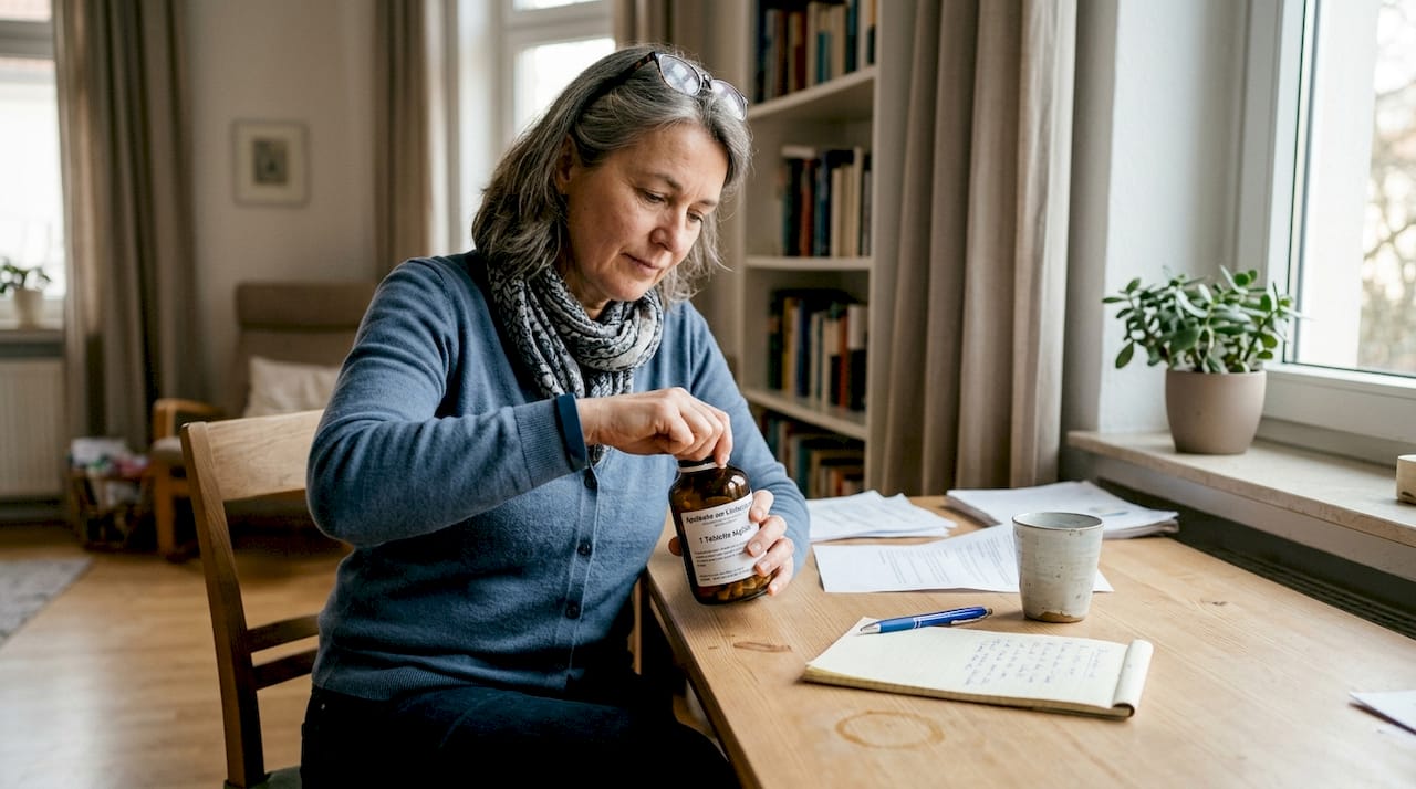 Eine Frau richtet ihre verschriebenen Medikamente an ihrem Schreibtisch zuhause her.