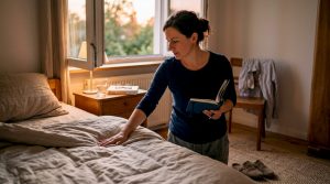 Eine Frau macht es sich im gemütlichen Schlafzimmer bequem und trägt ihre Schlafgewohnheiten in ein Schlaftagebuch ein.