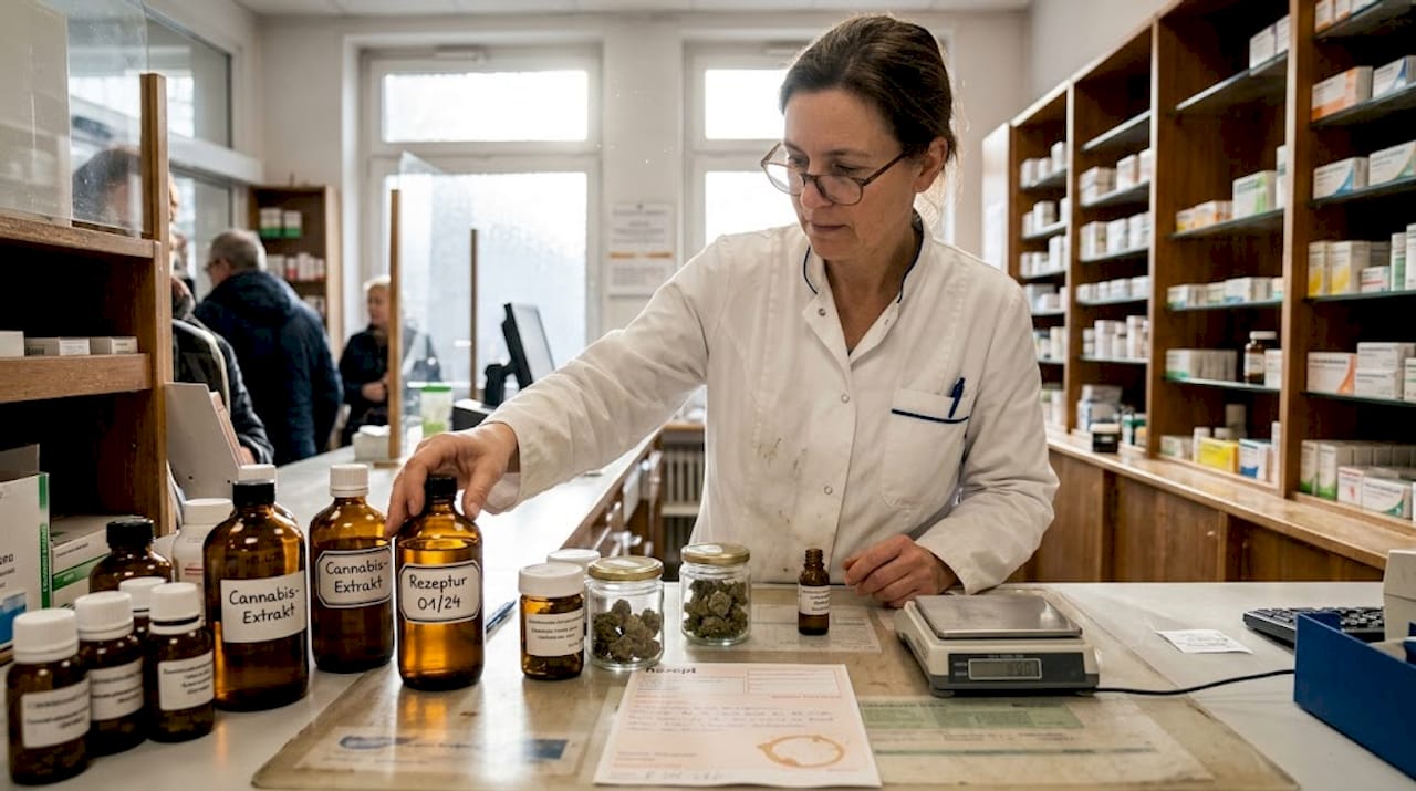 Eine Apothekerin sortiert und prüft Medikamente auf Cannabisbasis.