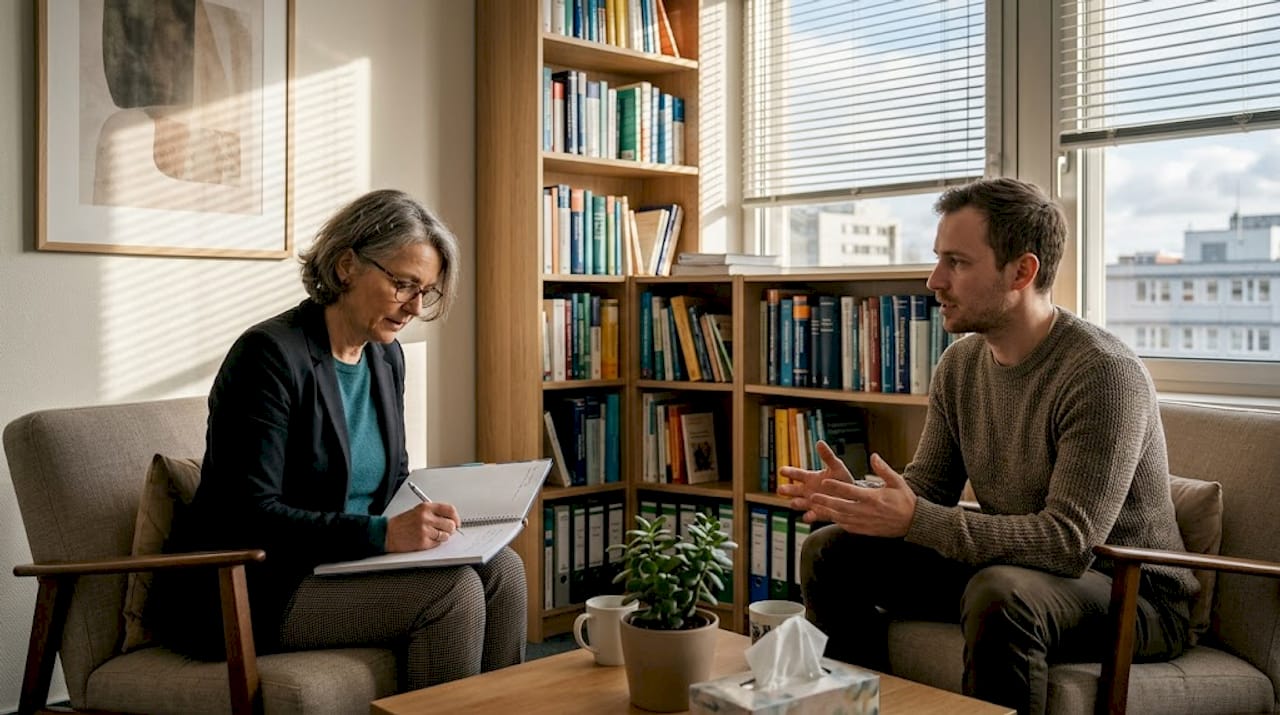 Ein Therapeut und sein Patient führen ein ruhiges Gespräch in entspannter Praxisatmosphäre.