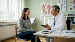 Eine MS-Patientin bespricht ihre Beschwerden und Behandlungsmöglichkeiten mit ihrem Arzt in der neurologischen Praxis.