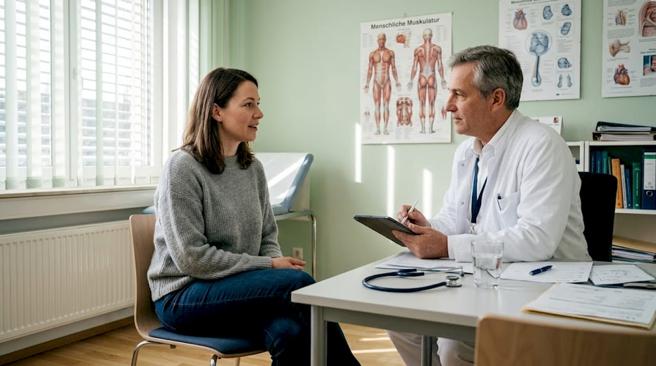 Eine MS-Patientin bespricht ihre Beschwerden und Behandlungsmöglichkeiten mit ihrem Arzt in der neurologischen Praxis.
