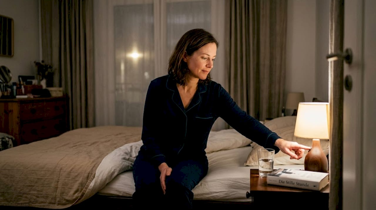 Eine Frau macht sich in ihrem gemütlichen Schlafzimmer bettfertig.