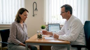 Ein Arzt berät einen Patienten zum Thema medizinisches Cannabis.