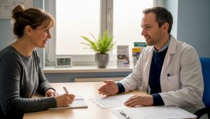 Der Patient bespricht gemeinsam mit seinem Arzt die Möglichkeiten einer Therapie mit medizinischem Cannabis.