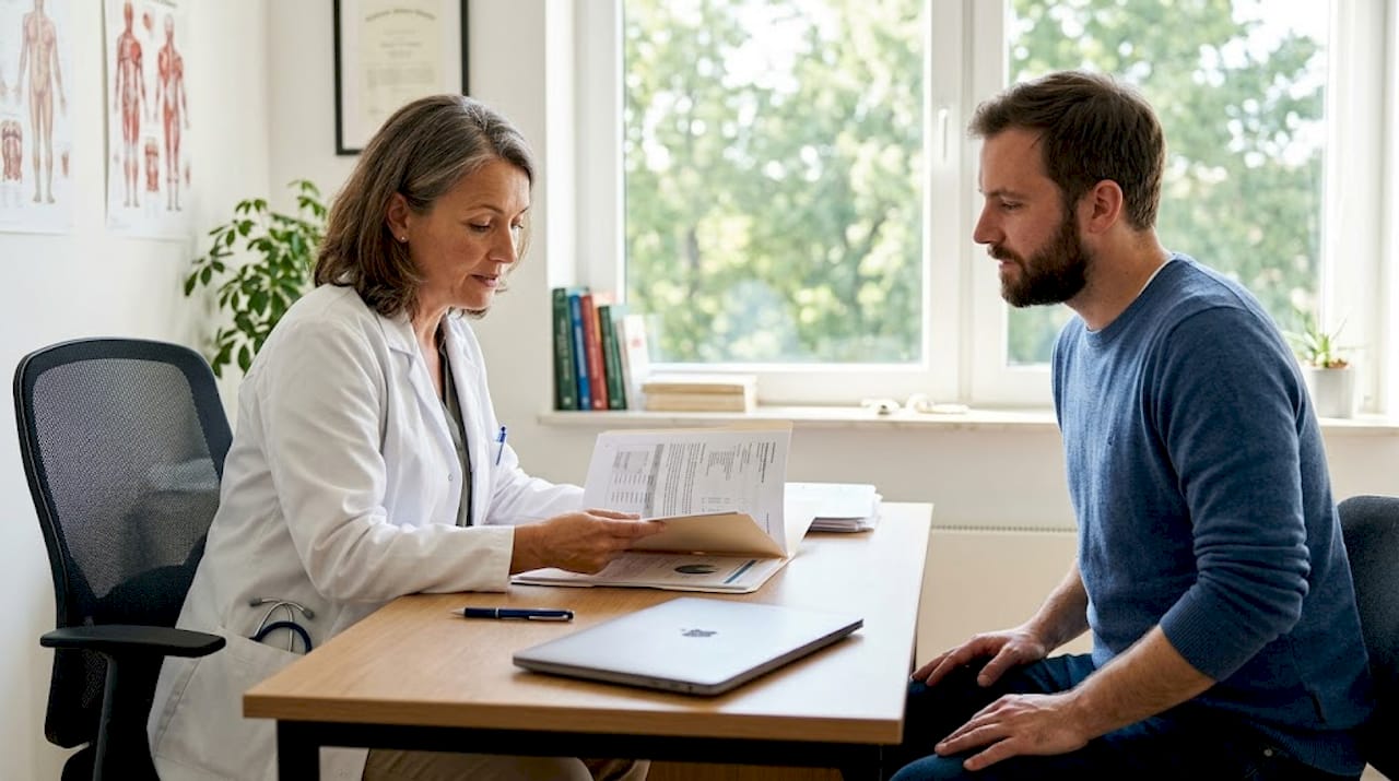 Ein Arzt spricht mit seinem Patienten über eine mögliche Behandlung mit medizinischem Cannabis.