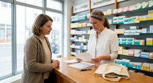 Eine Apothekerin sichtet am Beratungstresen die Unterlagen eines Patienten.