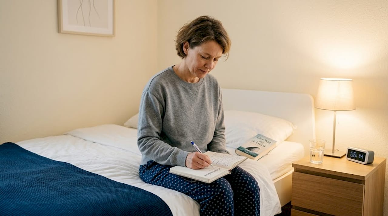Eine Frau sitzt auf ihrem Bett und trägt ihre Gedanken ins Schlaftagebuch ein.