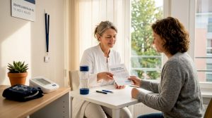 Ein Arzt informiert einen Patienten ausführlich über die Möglichkeiten einer Behandlung mit Cannabinoiden und geht dabei auf individuelle Fragen und Bedenken ein.