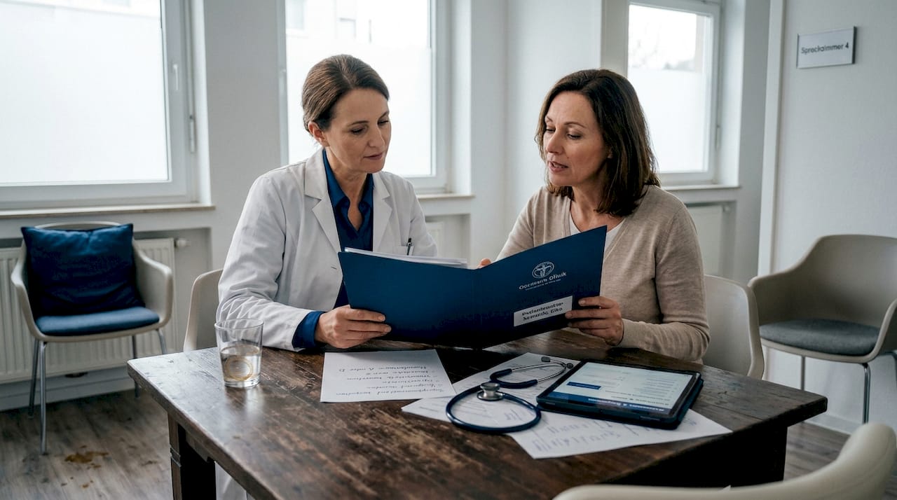 Eine Fachärztin informiert einen Patienten ausführlich über die Möglichkeiten einer Cannabistherapie.