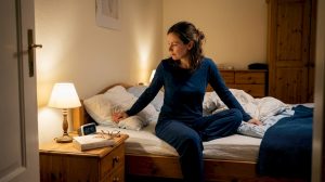 Eine Frau richtet mit liebevoller Sorgfalt ihr Bett her, um sich auf eine erholsame Nacht vorzubereiten.