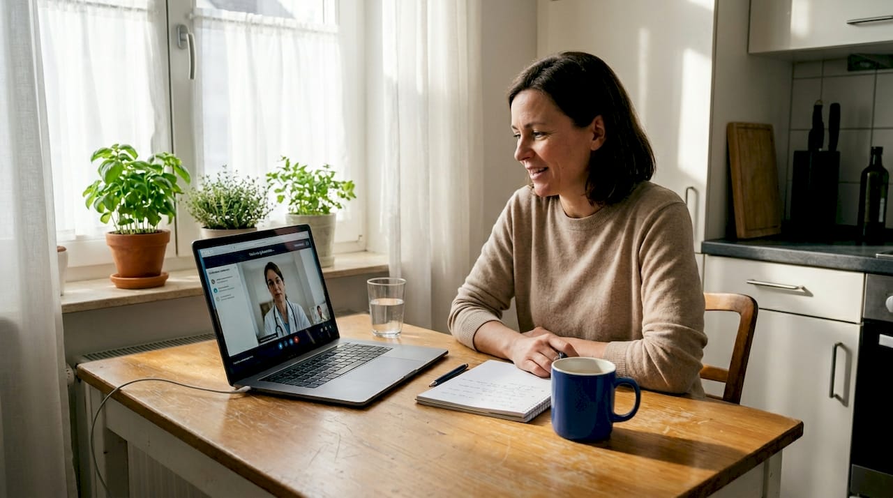 Eine Frau führt am Küchentisch ein Arztgespräch per Video.