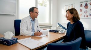 Während des Gesprächs mit dem Patienten macht sich der Arzt Notizen, um alle wichtigen Informationen festzuhalten.