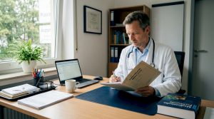 Im Behandlungszimmer wirft die Ärztin einen Blick in die Patientenakte.