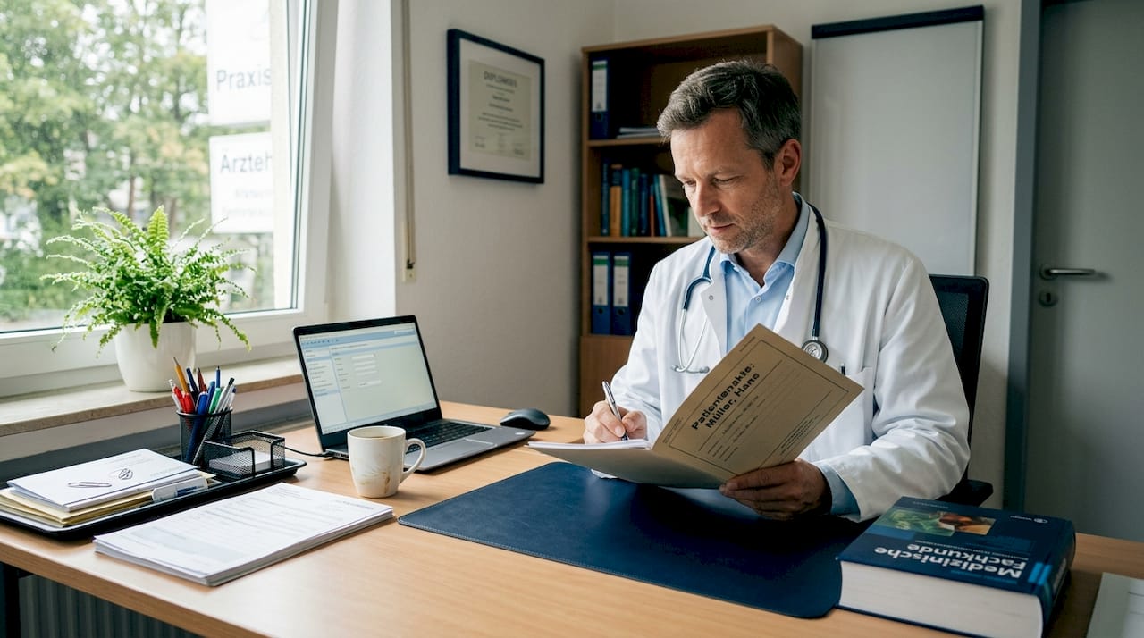 Im Behandlungszimmer wirft die Ärztin einen Blick in die Patientenakte.