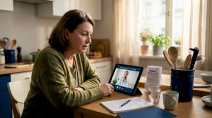 Eine Frau sitzt am Küchentisch und nimmt an einem telemedizinischen Beratungsgespräch zum Thema Cannabis teil.