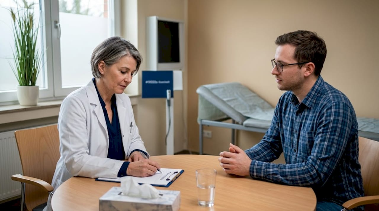 Im Gespräch erklärt der Arzt seinem Patienten, wie sicher die geplante Therapie ist und worauf besonders zu achten ist.
