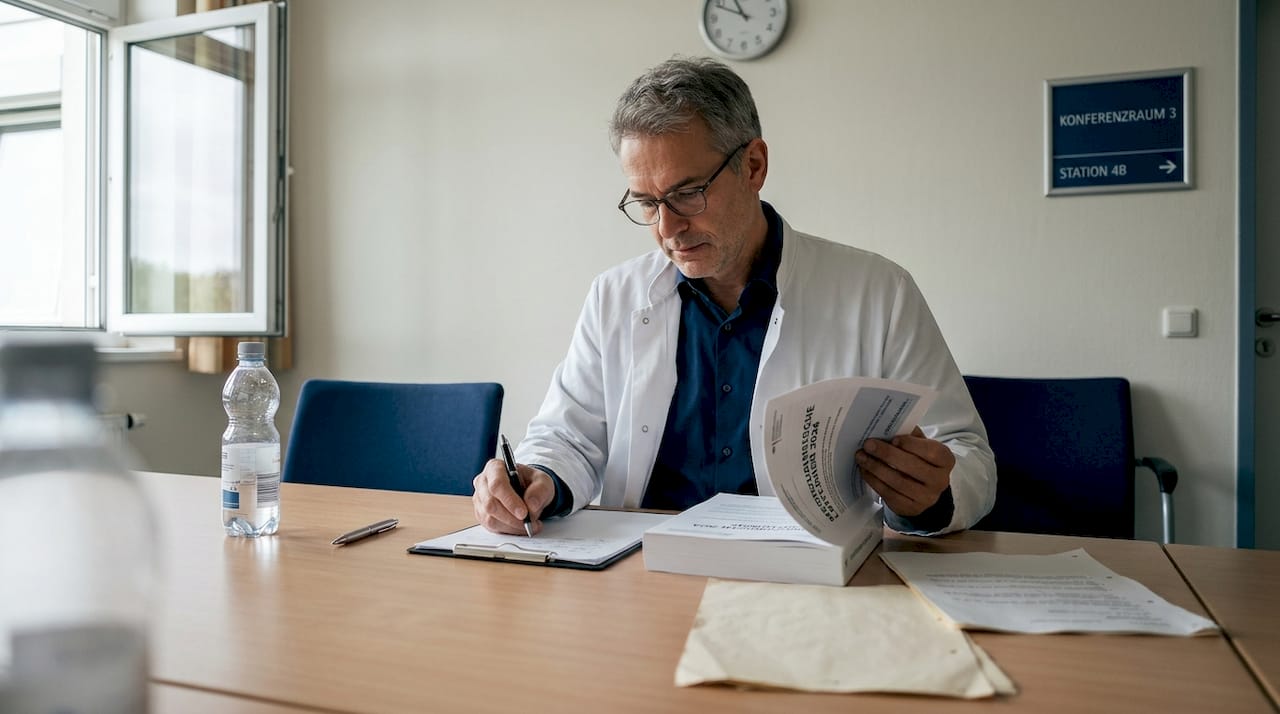 Ein Arzt wirft am Besprechungstisch im Krankenhaus einen Blick auf die aktuellen Behandlungsleitlinien.