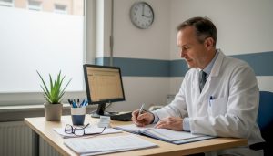 Eine Ärztin bereitet am Schreibtisch in der Praxis ein Rezept für ihre Patientin vor.