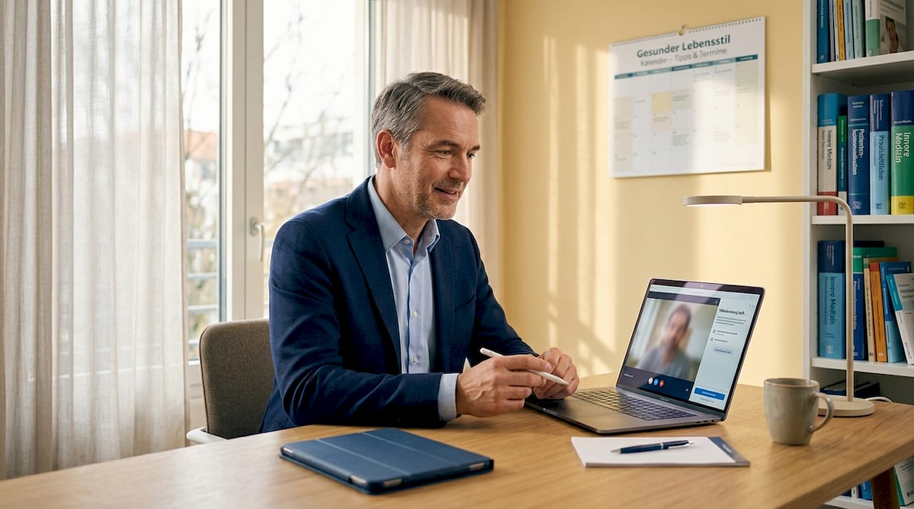 Ein Arzt führt am Schreibtisch ein Videogespräch mit einem Patienten.