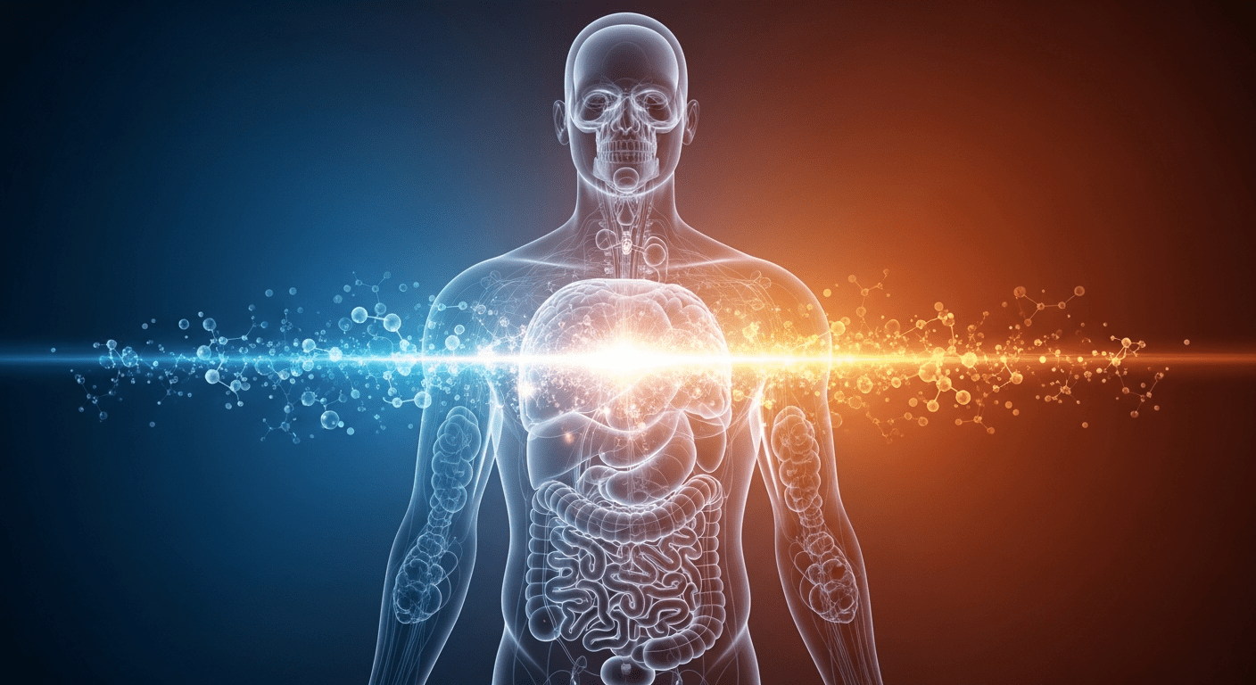 Medizinische Illustration eines transparenten menschlichen Körpers mit sichtbaren Organen und einem leuchtenden Energiefluss zwischen blauen und orangefarbenen Bereichen, symbolisch für hormonelles Gleichgewicht und Stoffwechsel.