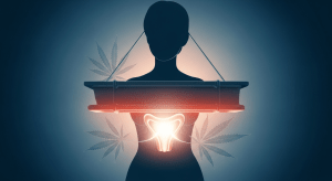 Abstrakte medizinische Illustration einer weiblichen Silhouette mit leuchtendem Unterbauch, umgeben von stilisierten Hanfblättern – Symbol für die potenzielle Wirkung von CBD bei PMS und Menstruationsschmerzen.