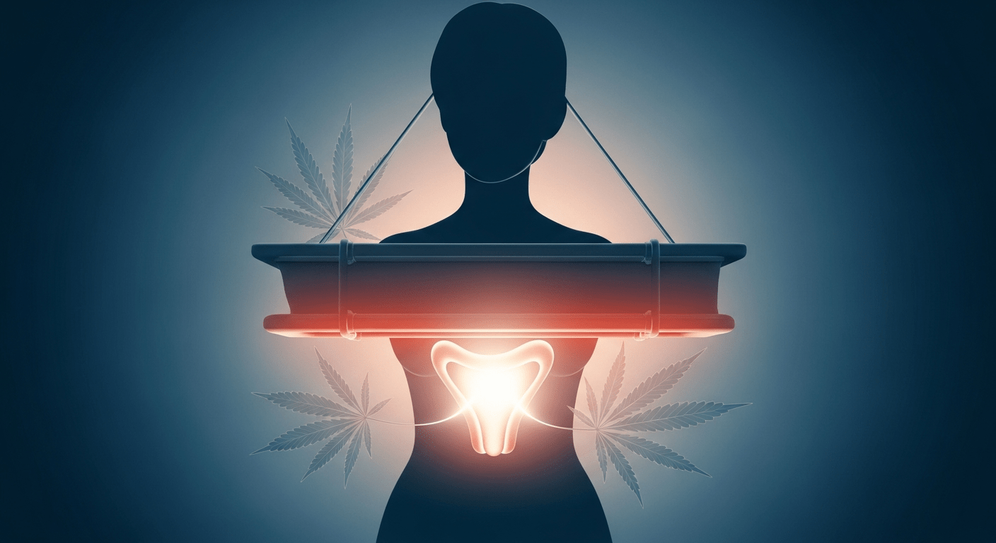 Abstrakte medizinische Illustration einer weiblichen Silhouette mit leuchtendem Unterbauch, umgeben von stilisierten Hanfblättern – Symbol für die potenzielle Wirkung von CBD bei PMS und Menstruationsschmerzen.