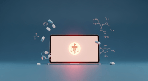 Abstrakte medizinische Illustration eines Laptops mit leuchtendem Apothekensymbol, umgeben von Medikamentenkapseln und Molekülstrukturen – symbolisch für geprüfte und seriöse Online-Apotheken.