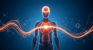 Abstrakte medizinische Illustration eines männlichen Körpers mit leuchtenden Verbindungen zwischen Gehirn, Herz und Nervensystem – Darstellung der physiologischen Auswirkungen von Stress auf den Körper.