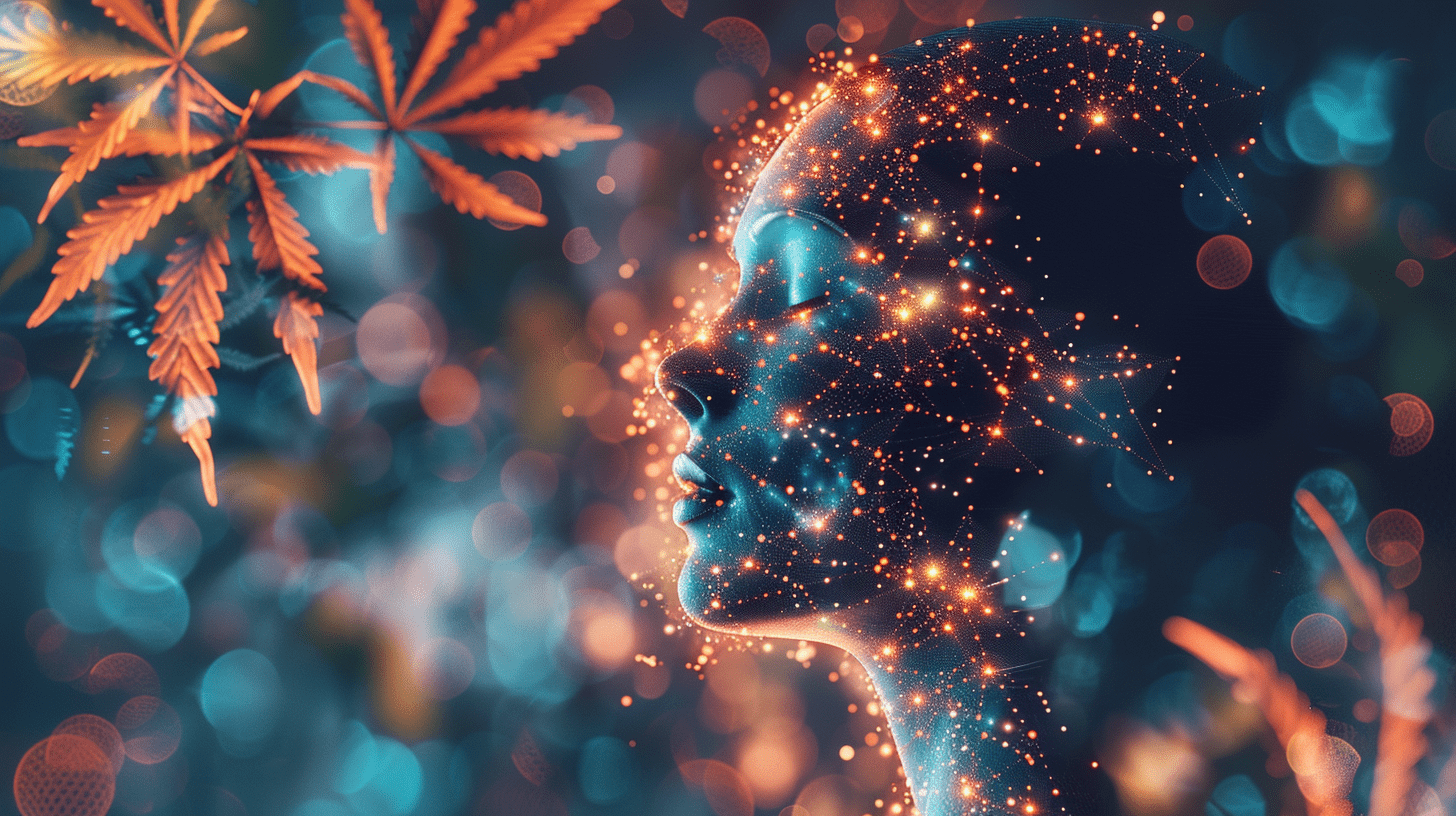 Abstrakte Illustration eines menschlichen Gesichts mit leuchtenden neuronalen Verbindungen, umgeben von sanften Lichtpunkten und stilisierten Hanfblättern – symbolisiert die natürliche, beruhigende und ausgleichende Wirkung von CBD bei chronischen Schmerzen.
