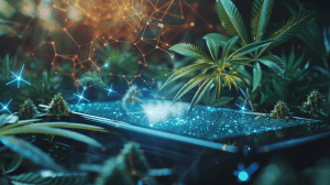 Abstrakte Darstellung eines digitalen Tablets, umgeben von Cannabisblättern und leuchtenden Molekülstrukturen, die die Verbindung von Natur, Medizin und Technologie symbolisieren.