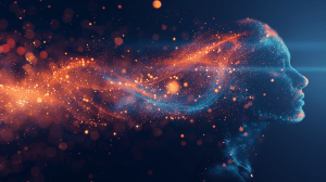 Abstraktes Profil eines menschlichen Gesichts, durchzogen von fließenden Lichtpartikeln und Energiewellen, die Vitalität, Balance und innere Stärke symbolisieren.