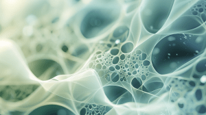 Abstrakte Darstellung von organischen Strukturen mit weichen, fließenden Formen und kreisförmigen Mustern, die an Zellnetzwerke erinnern.