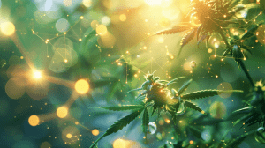 Hanfpflanzen mit leuchtenden, abstrakten Cannabinoid-Netzwerkstrukturen im Sonnenlicht.